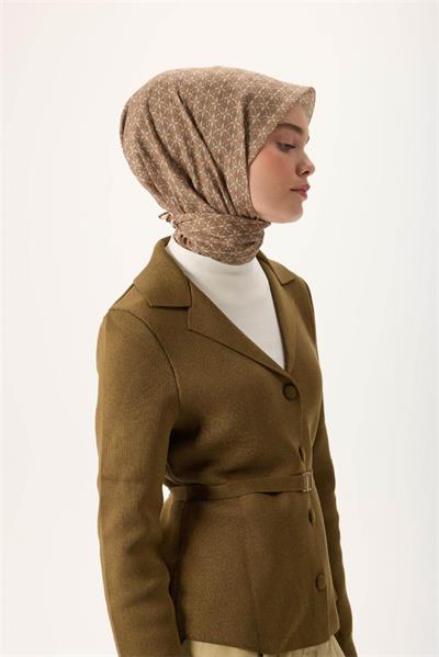 İnce Pamuk Soft Eşarp Turuncu-Yeşil Kahve Vizon Desenli Kaymaz Dokulu Nefes Alan 90x90