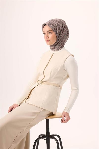 İnce Pamuk Soft Eşarp Gece Mavisi-Vizon Krem Desenli Kaymaz Dokulu Nefes Alan 90x90