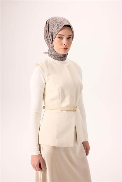 İnce Pamuk Soft Eşarp Gece Mavisi-Vizon Krem Desenli Kaymaz Dokulu Nefes Alan 90x90