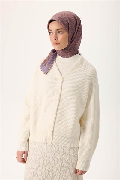 İnce Pamuk Soft Eşarp Violet-Kahverengi Vizon Desenli Kaymaz Dokulu Nefes Alan 90x90