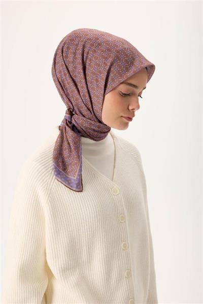 İnce Pamuk Soft Eşarp Violet-Kahverengi Vizon Desenli Kaymaz Dokulu Nefes Alan 90x90