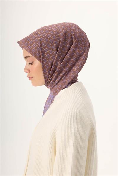 İnce Pamuk Soft Eşarp Violet-Kahverengi Vizon Desenli Kaymaz Dokulu Nefes Alan 90x90
