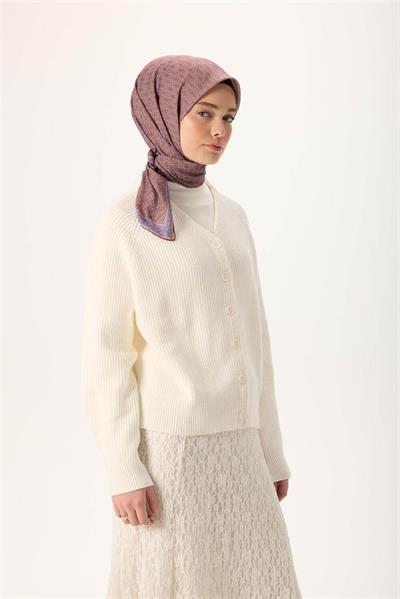 İnce Pamuk Soft Eşarp Violet-Kahverengi Vizon Desenli Kaymaz Dokulu Nefes Alan 90x90