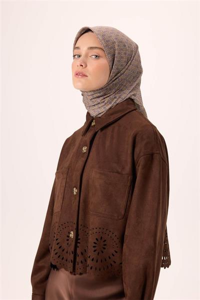 İnce Pamuk Soft Eşarp Pastel Mor-Hardal Vizon Desenli Kaymaz Dokulu Nefes Alan 90x90