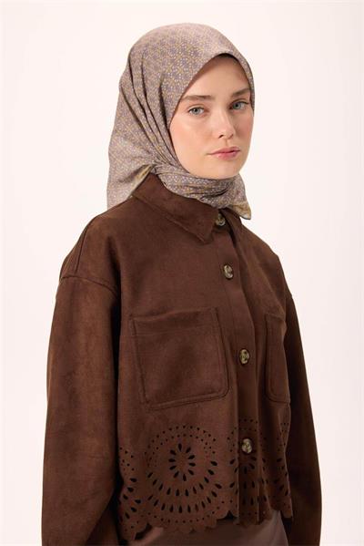 İnce Pamuk Soft Eşarp Pastel Mor-Hardal Vizon Desenli Kaymaz Dokulu Nefes Alan 90x90