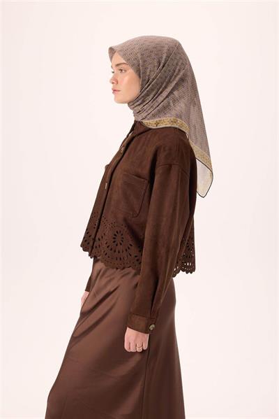 İnce Pamuk Soft Eşarp Pastel Mor-Hardal Vizon Desenli Kaymaz Dokulu Nefes Alan 90x90