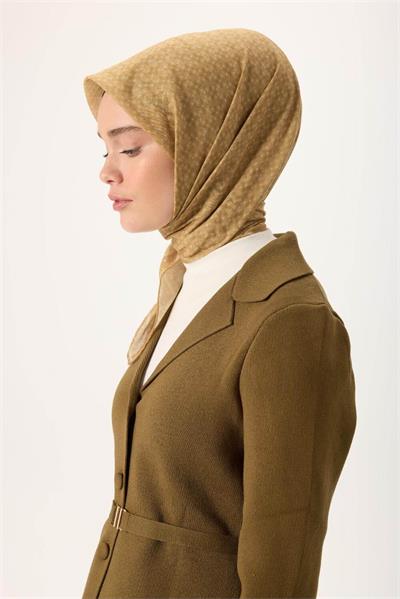 İnce Pamuk Soft Eşarp Saman-Hardal Bej Desenli Kaymaz Dokulu Nefes Alan 90x90