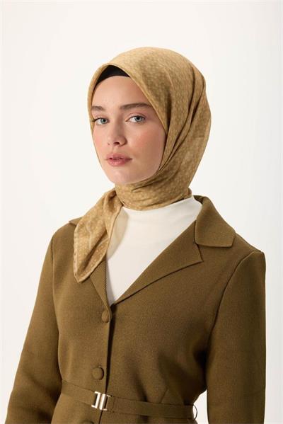 İnce Pamuk Soft Eşarp Saman-Hardal Bej Desenli Kaymaz Dokulu Nefes Alan 90x90
