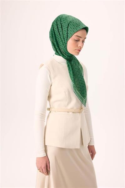 İnce Pamuk Soft Eşarp Su Yeşili Desenli Kaymaz Dokulu Nefes Alan 90x90