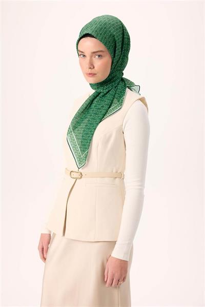 İnce Pamuk Soft Eşarp Su Yeşili Desenli Kaymaz Dokulu Nefes Alan 90x90