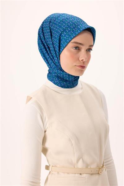 İnce Pamuk Soft Eşarp Mavi-Patina Desenli Tok Duruşlu Kaymaz 90x90