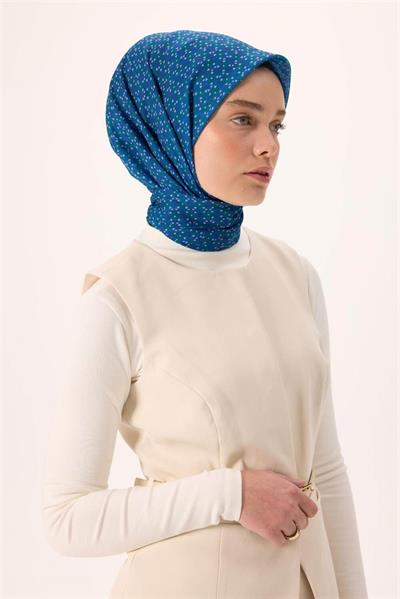 İnce Pamuk Soft Eşarp Mavi-Patina Desenli Tok Duruşlu Kaymaz 90x90