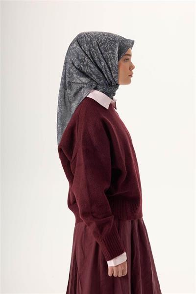 İnce Pamuk Soft Eşarp Gri-Füme Desenli Tok Duruşlu Kaymaz 90x90