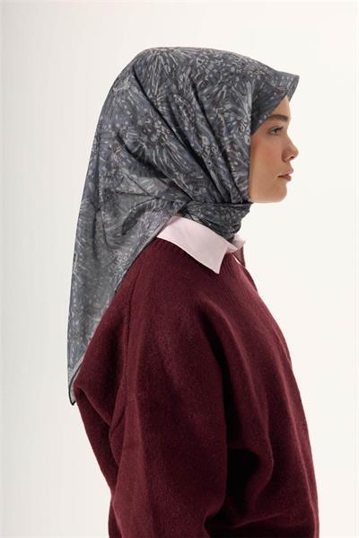 İnce Pamuk Soft Eşarp Gri-Füme Desenli Tok Duruşlu Kaymaz 90x90