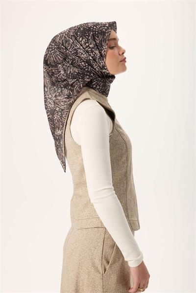 İnce Pamuk Soft Eşarp Siyah-Vizon Desenli Tok Duruşlu Kaymaz 90x90