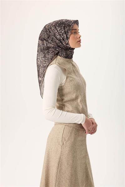 İnce Pamuk Soft Eşarp Siyah-Vizon Desenli Tok Duruşlu Kaymaz 90x90