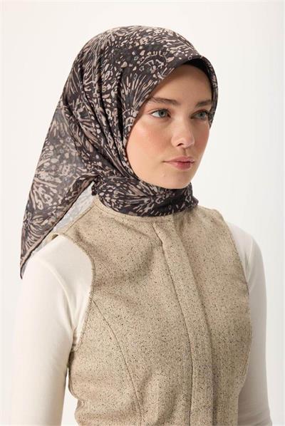İnce Pamuk Soft Eşarp Siyah-Vizon Desenli Tok Duruşlu Kaymaz 90x90