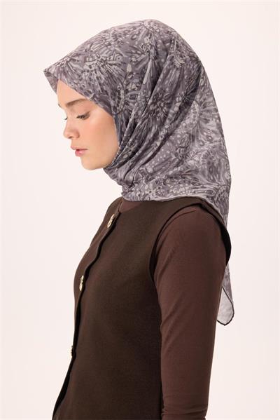 İnce Pamuk Soft Eşarp Soluk Mor-Antrasit Desenli Tok Duruşlu Kaymaz 90x90