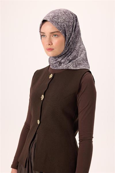 İnce Pamuk Soft Eşarp Soluk Mor-Antrasit Desenli Tok Duruşlu Kaymaz 90x90