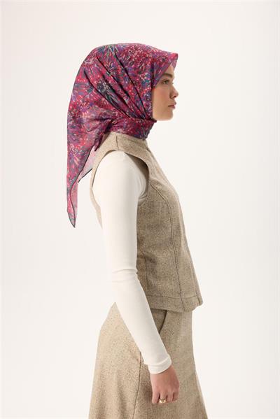 İnce Pamuk Soft Eşarp Fuşya-Patina Yeşili Desenli Kaymaz Dokulu Tok Duruşlu 90x90