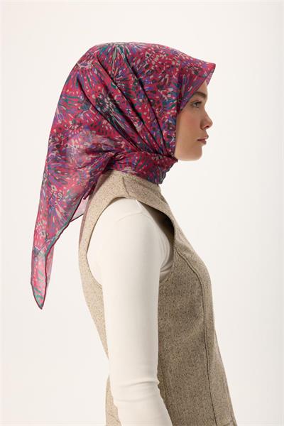 İnce Pamuk Soft Eşarp Fuşya-Patina Yeşili Desenli Kaymaz Dokulu Tok Duruşlu 90x90