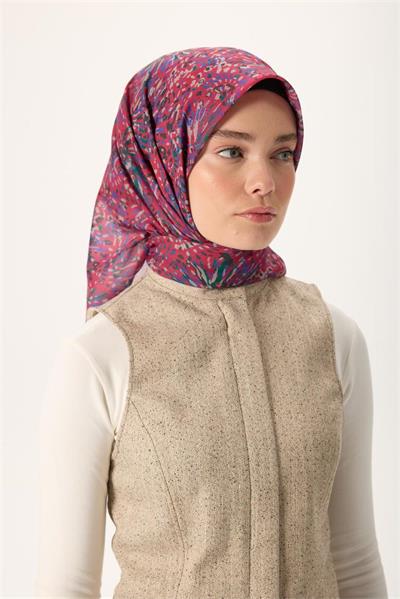 İnce Pamuk Soft Eşarp Fuşya-Patina Yeşili Desenli Kaymaz Dokulu Tok Duruşlu 90x90