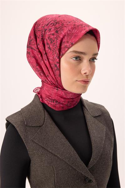 İnce Pamuk Soft Eşarp Fuşya-Bordo Desenli Kaymaz Dokulu Tok Duruşlu 90x90