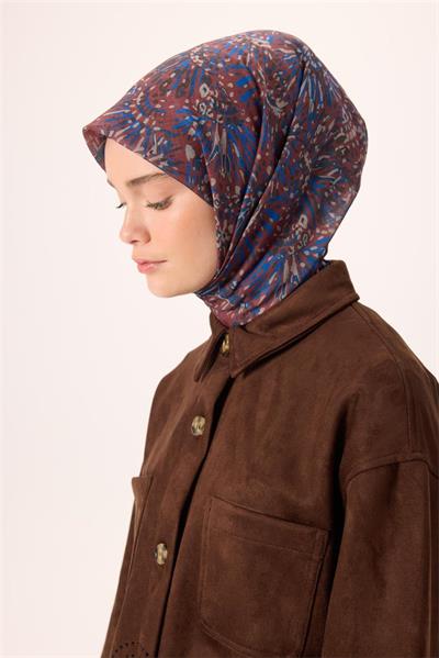 İnce Pamuk Soft Eşarp Kahverengi-Saks Desenli Kaymaz Dokulu Tok Duruşlu 90x90