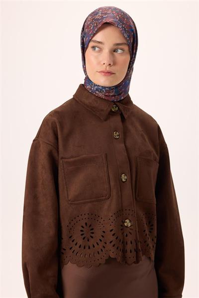 İnce Pamuk Soft Eşarp Kahverengi-Saks Desenli Kaymaz Dokulu Tok Duruşlu 90x90