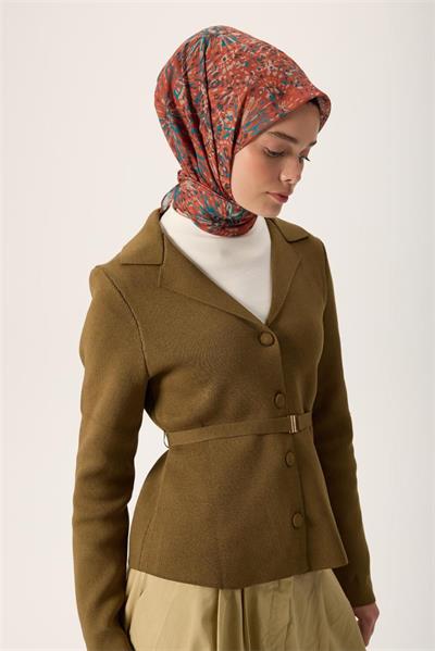 İnce Pamuk Soft Eşarp Koyu Turuncu-Turkuaz Desenli Kaymaz Dokulu Tok Duruşlu 90x90