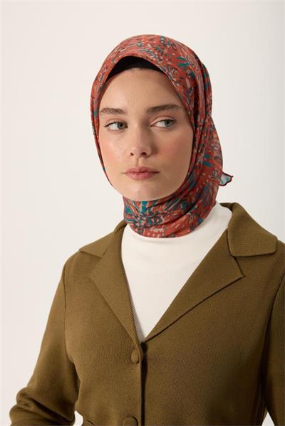 İnce Pamuk Soft Eşarp Koyu Turuncu-Turkuaz Desenli Kaymaz Dokulu Tok Duruşlu 90x90