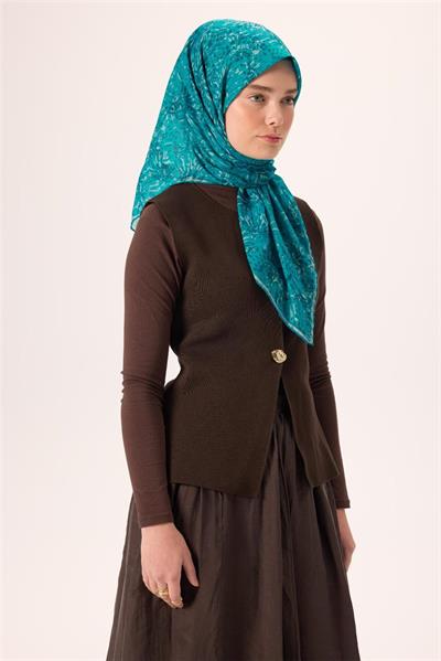 İnce Pamuk Soft Eşarp Gök Mavi-Koyu Mavi Desenli Kaymaz Dokulu Tok Duruşlu 90x90