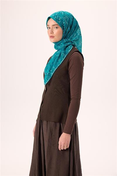 İnce Pamuk Soft Eşarp Gök Mavi-Koyu Mavi Desenli Kaymaz Dokulu Tok Duruşlu 90x90