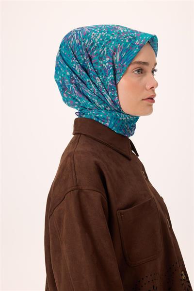 İnce Pamuk Soft Eşarp Eflatun-Gece Mavisi Desenli Kaymaz Dokulu Tok Duruşlu 90x90