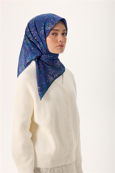 İnce Pamuk Soft Eşarp Mor-Patina Yeşili Desenli Kaymaz Dokulu Tok Duruşlu 90x90