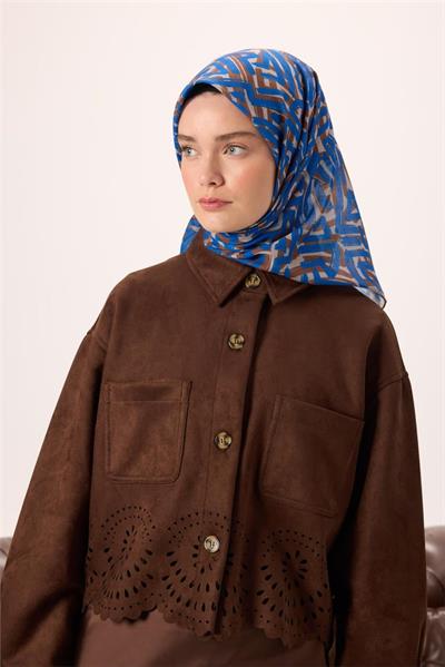 İnce Pamuk Soft Eşarp Vizon Saks Desenli Nefes Alan 90x90