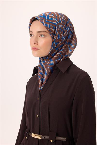 İnce Pamuk Soft Eşarp Vizon Kahverengi Saks Desenli Nefes Alan 90x90