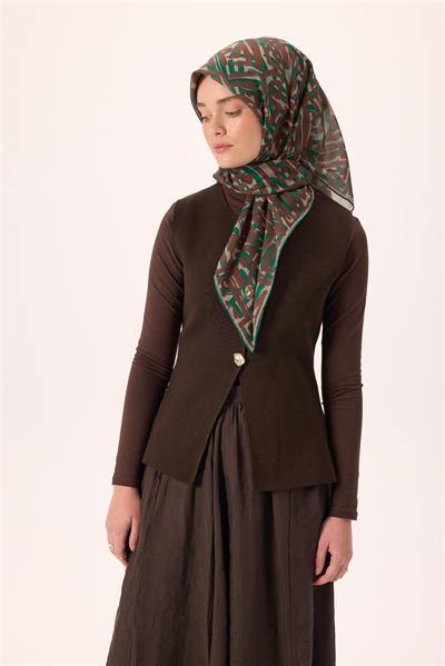 İnce Pamuk Soft Eşarp Sütlü Kahve-Zümrüt Kahverengi Desenli Nefes Alan Tok Duruşlu 90x90