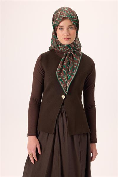 İnce Pamuk Soft Eşarp Sütlü Kahve-Zümrüt Kahverengi Desenli Nefes Alan Tok Duruşlu 90x90