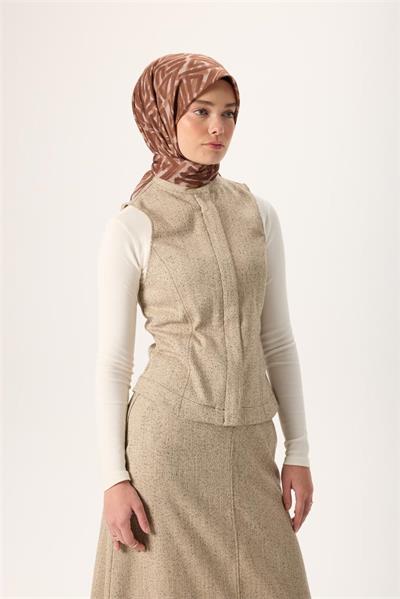 İnce Pamuk Soft Eşarp Açık Fildişi-Kahverengi Sütlü Kahve Desenli Nefes Alan Tok Duruşlu 90x90