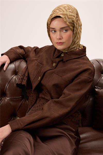 İnce Pamuk Soft Eşarp Krem-Çinko Sarısı Kahverengi Desenli Nefes Alan Tok Duruşlu 90x90