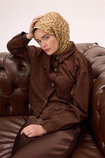 İnce Pamuk Soft Eşarp Krem-Çinko Sarısı Kahverengi Desenli Nefes Alan Tok Duruşlu 90x90