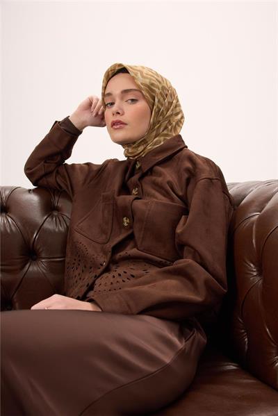 İnce Pamuk Soft Eşarp Krem-Çinko Sarısı Kahverengi Desenli Nefes Alan Tok Duruşlu 90x90