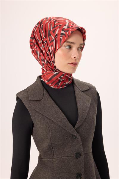 İnce Pamuk Soft Eşarp Krem Kırmızı Siyah Desenli Nefes Alan 90x90