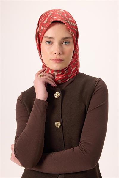 İnce Pamuk Soft Eşarp Krem Kırmızı Kahverengi Desenli Nefes Alan 90x90