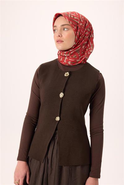 İnce Pamuk Soft Eşarp Krem Kırmızı Kahverengi Desenli Nefes Alan 90x90