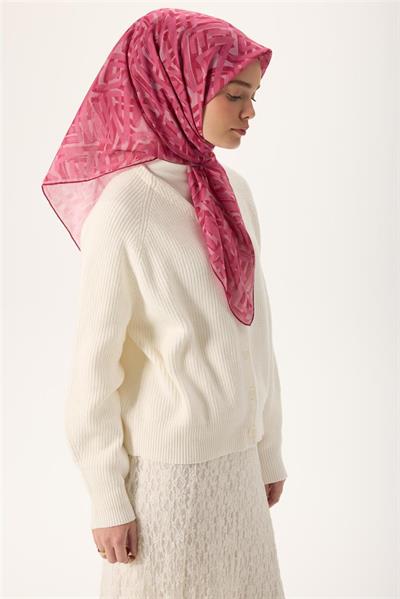 İnce Pamuk Soft Eşarp Pudra Pembe Ahududu Desenli Nefes Alan 90x90