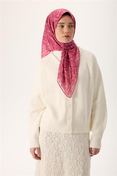 İnce Pamuk Soft Eşarp Pudra Pembe Ahududu Desenli Nefes Alan 90x90