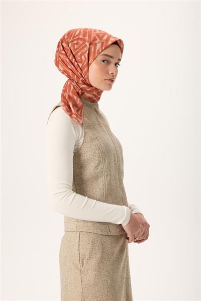 İnce Pamuk Soft Eşarp Krem Soğan Kabuğu Taba Desenli Nefes Alan 90x90