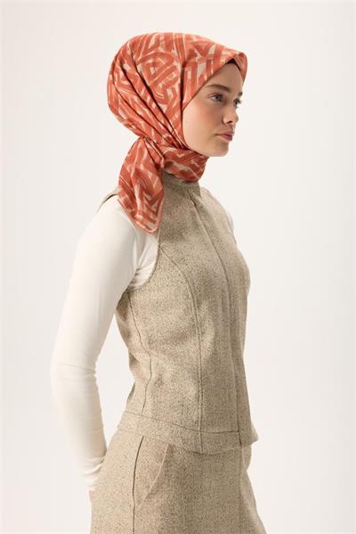 İnce Pamuk Soft Eşarp Krem Soğan Kabuğu Taba Desenli Nefes Alan 90x90